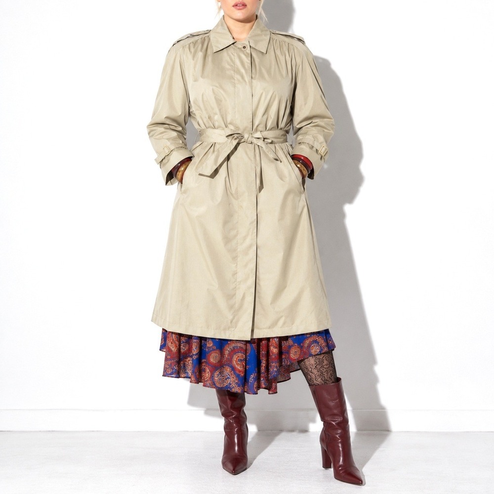 80s Vintage Beige Nylon Trench Coat Womens L Belted Concealed Buttons Rain Cape